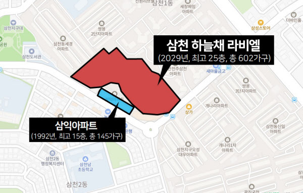 [땅집고] ‘삼천 하늘채 라비엘’ 남쪽에 1992년 입주한 최고 15층 높이 삼익아파트가 자리잡고 있다. /이지은 기자