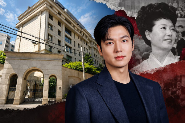 [땅집고] 배우 이민호와 그가 보유·거주 중인 것으로 알려진 서울 강남구 논현동 고급빌라 ‘논현라폴리움’. 논현라폴리움은 과거 고(故) 육영수 여사가 세운 정수아파트가 있던 부지에 들어섰다. /그래픽=챗GPT
