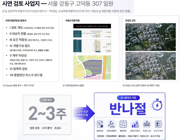 [땅집고] 2025년 11월 30일 국토교통부가 도심공공주택 복합지구로 지정한 서울 강동구 고덕역 일대 6만678m2 부지에 2486가구를 건설하는 시뮬레이션을 진행한 모습. /빅밸류