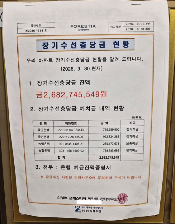 [땅집고] 경기 성남시 수정구 신흥동 ‘산성역 포레스티아’ 아파트에 장기수선충당금 내역을 안내하는 문서가 엘리베이터에 붙어 있다. /온라인 커뮤니티
