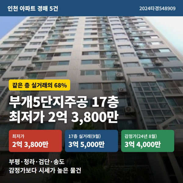 [땅집고] 오는 10월 21일 입찰을 진행하는 인천 부평구 부개동 '부개5단지주공' 17층. / 땅집고옥션