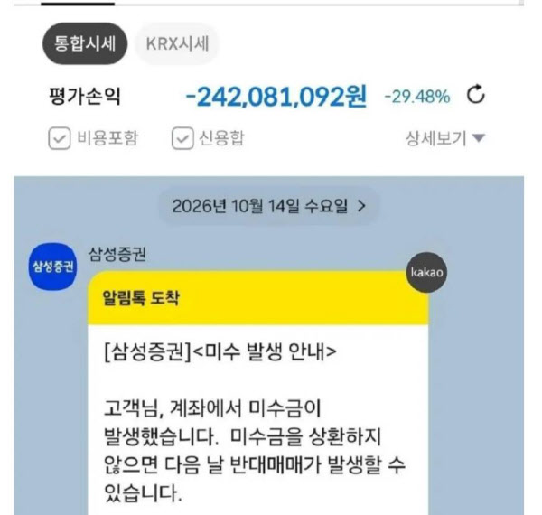 [땅집고] 집주인 A씨가 세입자 전세금 3억원을 포함해 주식에 투자했다가 마이너스 잔고를 받아든 모습. /온라인 커뮤니티