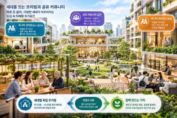 [땅집고] 세대 통합형 코리빙과 공유 커뮤니티 개념도./AI생성형 이미지