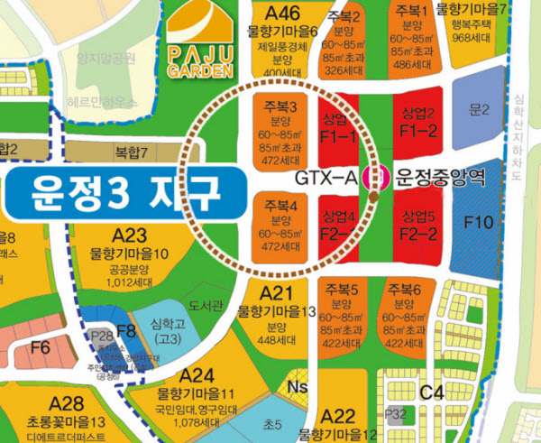 [땅집고] 경기 파주운정3지구 주상복합 3·4블록 용지 위치도./한국토지주택공사
