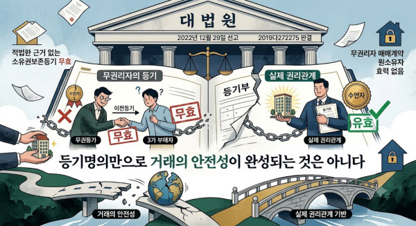 [땅집고] 2022년 대법원은 적법한 근거 없이 타인의 부동산에 소유권보존등기를 한 무권리자가 이를 제3자에게 팔고 이전등기까지 해주더라도 예외적 사정이 없다면 두 등기 모두 무효라고 밝혔다. /AI 생성형 이미지