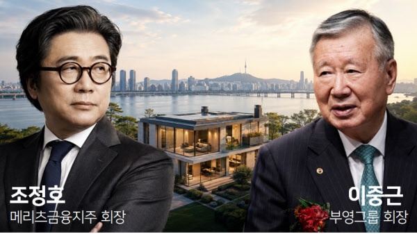 [땅집고] 최근 서울 용산구 한남동에서 한강뷰를 두고 소송전을 벌이고 있는 조정호 메리츠금융지주 회장(왼쪽)과 이중근 부영그룹 회장. /생성형AI