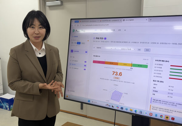 [땅집고] 김은희 파크앤플레이 대표가 AI로 자체 개발한 ‘파크OS’ 프로그램을 통해 분석한 총 700면 규모 서울 마포구 합정동 ‘메세나폴리스’ 주차장에 대해 설명하고 있다. /사진=이지은 기자