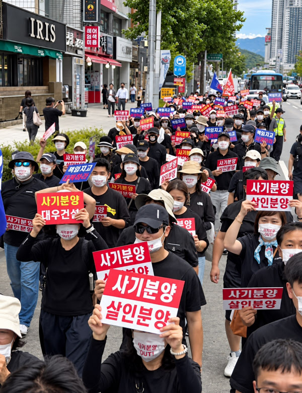 [땅집고] 과거 ‘달서 푸르지오 시그니처’ 관계자들이 계약률을 속인 사실과 할인 분양에 반대해 거리 행진 시위에 나선 입주민들. /온라인 커뮤니티